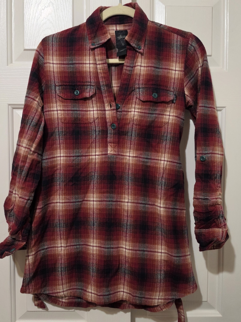 Stussy Women’s XS Red Plaid Flannel Tunic Long Sleeve Shirt Cotton Belted Grunge
